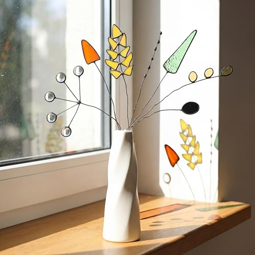 Acellegic 7 Pcs Stained Glass Flowers with Stems Handcrafted Artificial Glass Floral Branch Plant Panel Suncatcher Decoration Plant Gift for Window Vase Wall Art Decoration