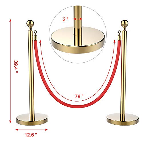 Yaheetech 2Pcs Crowd Control Stanchions - 6.5Ft Red Velvet Rope Retractable Stanchion Posts Barrier & 39.4'' Height Stainless Steel Polish Stanchion Set For Theater Hotels Clubs Museums, Gold #TOP3