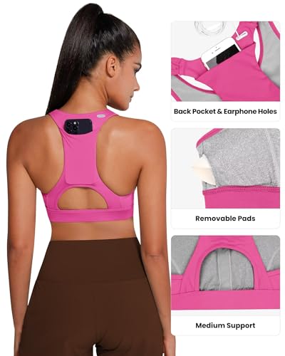 Image of QUEENIEKE BareFlow Women's Sports Bras with Phone Pocket Medium Impact Padded Racerback Workout Gym Crop Top Running Yoga Bra