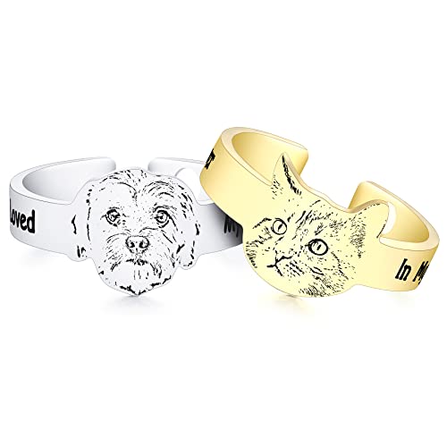 MeMeDIY Personalized Pet Photo Name Ring for Women Sterling Silver Dog Ring Pet Jewelry Engraved Ring for Men (Size 8, Profile)