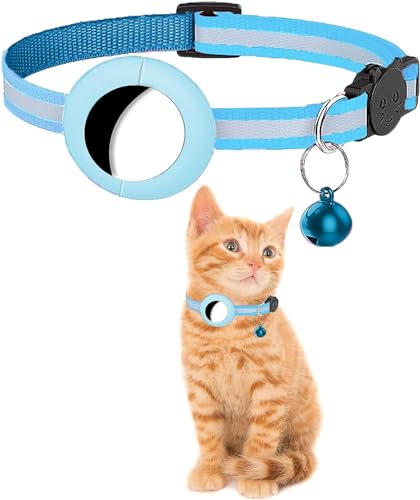 PF Doggy Collar de Gato para Airtag Reflectante Apple Air Tag Collar Gato Personalizado Ajustable Nailon con Campana y Cierre de Seguridad para Gatitos, Collar para Gato, Collar Azul y Gris