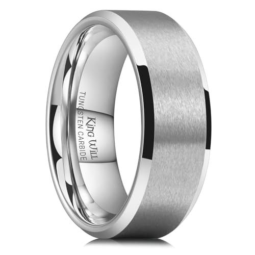 King Will 8mm Classic Tungsten Rings for Men Women Mens Wedding Bands Simple Engagement Promise Ring Matte Brushed Beveled Edges Comfit Fit Hypoallergenic Durable, Silver Size 7.5