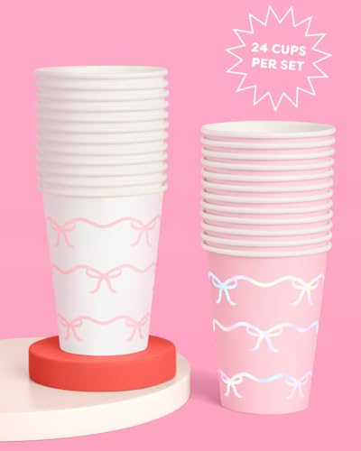 xo, Fetti Pink Bow Paper Cups - 24 Disposable 14 oz | Pastel Birthday Decorations, Tying the Knot Bridal, Girls Baby Shower, Tea Party Bachelorette, Coquette Decor