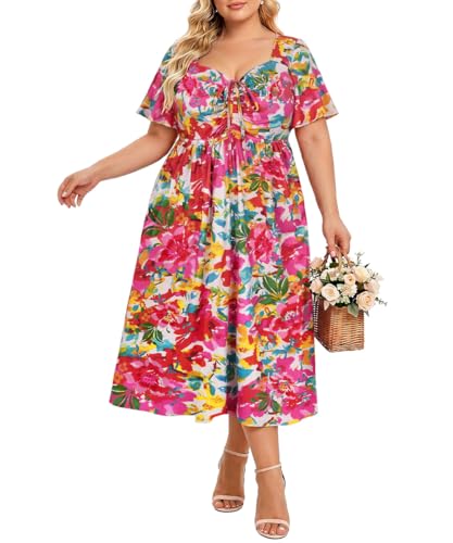 Image of CARCOS Plus Size Dresses for Curvy Women Tie Sweetheart Neck Summer Maxi Dress Short Sleeve Empire Waist Floral Boho Dress