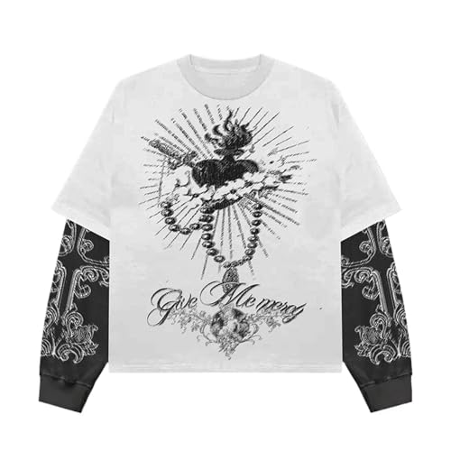 Rapper Graphic Tee Y2k Men Goth Fake Two Piece Streetwear Shirt Emo Grunge Top 2000s Vintage Long Sleeve T Shirt (White Black M Medium)
