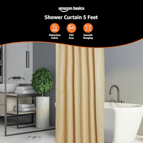 Image of Amazon Basics Shower Curtain 5 Feet | PVC-Free, No Plastic Smell | Machine Washable Fabric | Cream | 6ft Wide | 12 Hooks -180 CM X 150 CM