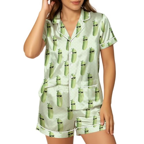 Women Satin Pajama Set, 2 Piece Short Sleeve Button Down Top and Shorts Loungewear, Cute Sleepwear & Holiday