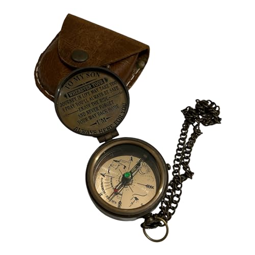 Brújula de latón antigua con cadena y estuche miniatura 6