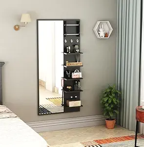 Designfit Engineered Wood Wall Mount Dressing Table Mirror With Shelves, Bangle Holder & Hooks (Wenge Finish) - Rectangular