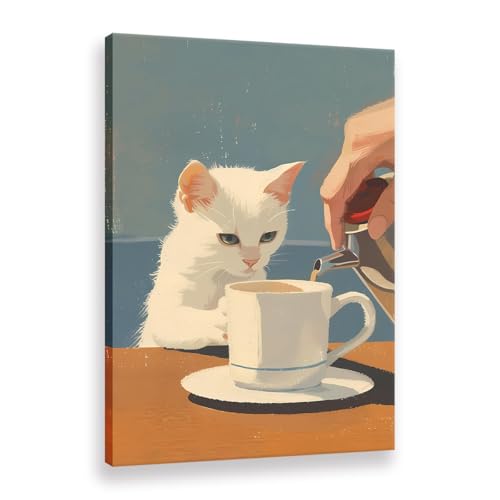 Toile chat blanc barista encadrée art mural chaleureux pour amoureux des chats