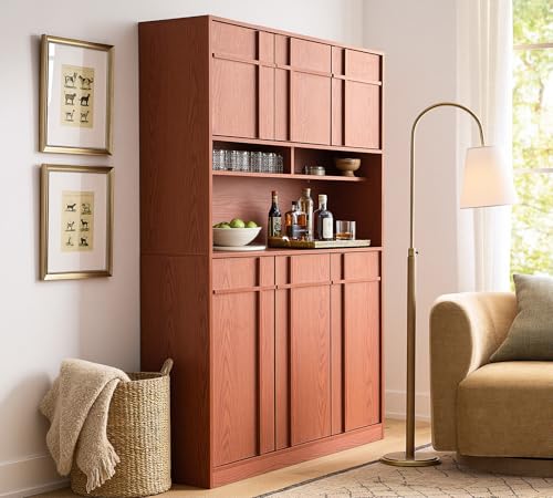 Image of 72 inch Pantry Cabinet, Tall Kitchen Pantry Storage Cabinet with Countertop, Adjustable Shelves, Mid Century Modern Wooden Kitchen Hutch with Skeleton Lines for Living Room, Dining Room, Cherry