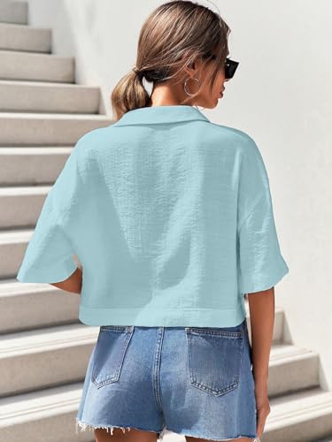 Image of TOPLOT V-Collar Solid Crop Shirt for Women with Half Sleeves, Polyester, Regular Fit