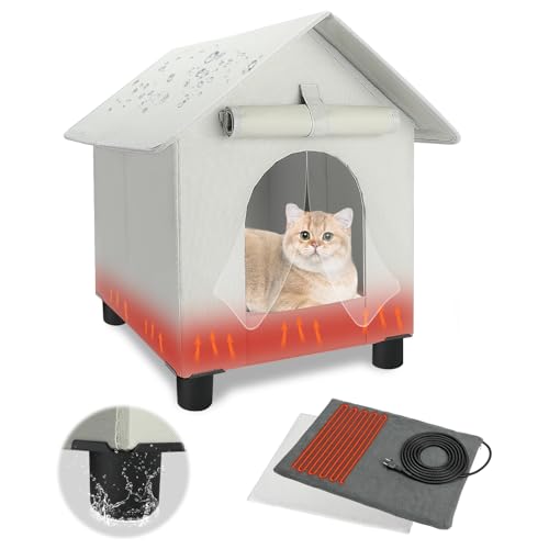 FHTONGE Elevated Heated Cat House for Outdoor in Winter, Weatherproof Heating Feral Cat Shelter with 2 Mats, Collaspable Kitten Kennel Insulated Outside Stray Cats Bed for Wild Small Animal Rabbit