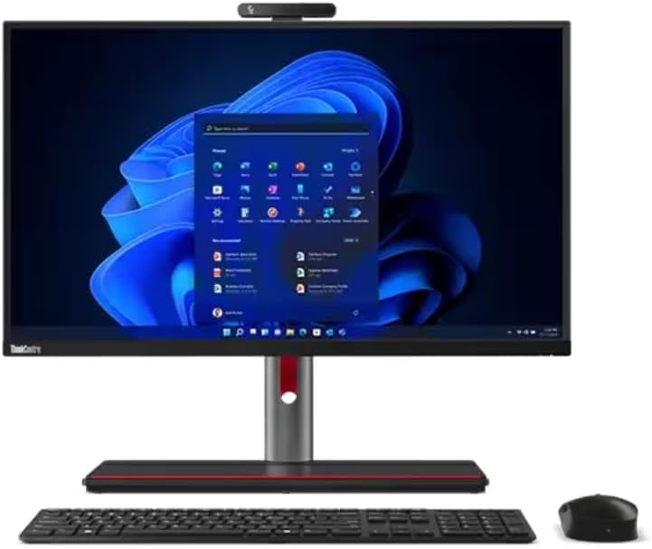 Front view of the Lenovo ThinkCentre M90a Pro Gen 4 Business PC with the included wireless keyboard and mouse.