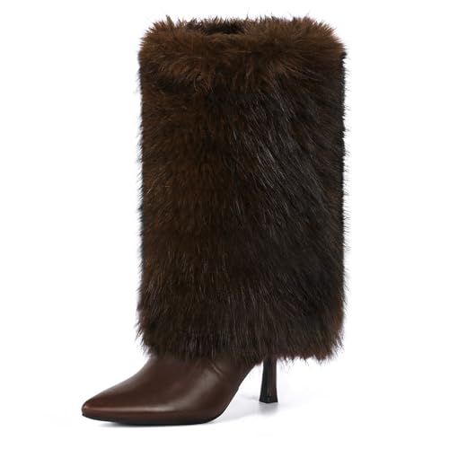 QLR 3.3-inch Kitten Heel Mid Calf Fur Boots Furry Fuzzy Fluffy Pointed Toe Boots for Women Short Boot with Side Zipper Fall Winter Snow Fold Over
