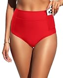 Women High Waisted Bikini Bottoms with Pockets - Tummy Control Swim Bottom Red L