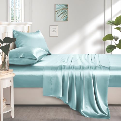 Image of Lanest Housing Silk Satin Sheets, Queen Size Satin Bed Sheet Set with Deep Pockets, Cooling Soft and Hypoallergenic Sheets Queen - Aqua