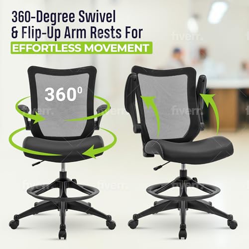 Image of OfficeFactor Drafting Chair Tall Office Chair, 300 lb Capacity Standing Desk Chair, Adjustable & Ergonomic Desk Chair, Flip-Up Armrests, Mesh Back, Comfortable Leather (Black)