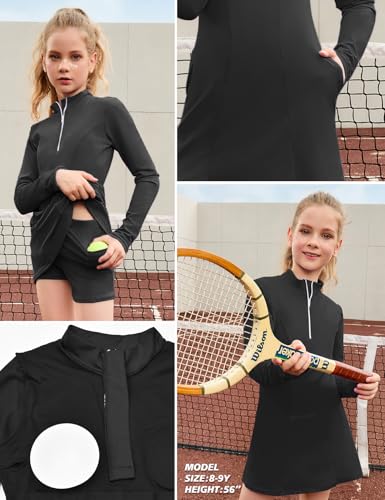 Image of Perfashion Girls Tennis Dress 1 /4 Zip Golf Outfit Built-in Bra & Shorts Pickleball Athletic Dress Workout Pockets 4-13Y