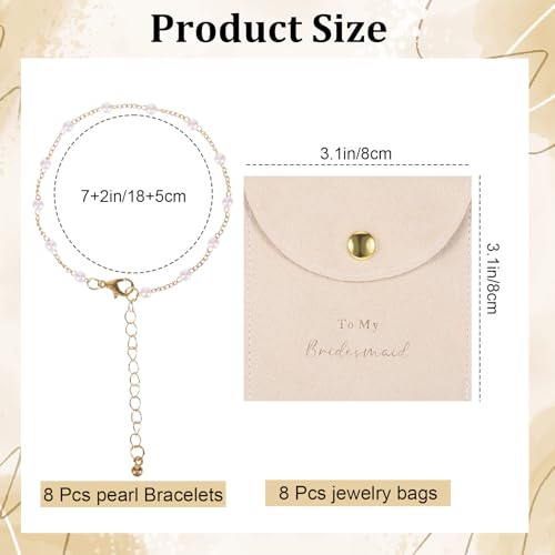 16Pcs Bridesmaid Proposal Gifts, 8 Set Pearl Bracelets with Velvet Jewelry Bags, Bridesmaid Bracelet & Jewelry Pouch, Bachelorette Gifts for Bridesmaids Bridal Shower Favors2