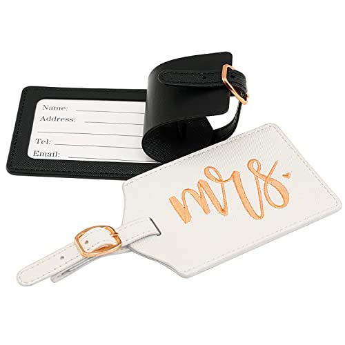 Choieo Mr And Mrs Luggage Tags, Bridal Shower Gift Honeymoon Gifts Wedding Gifts For Bride, Pu Leather Travel Tags With Name Id Address Card (White&Black) #TOP2