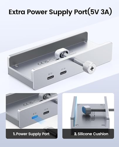 Image of USB Hub 3.0, Clamp USB Hub with Extra Power Supply Port, Aluminum 4-Port USB Adapter with 3 USB-A Data Ports, USB-C Port for Monitors, Desks Desktops, Keyboards, Laptops, Smartphones, (MHPC 5IN 1)