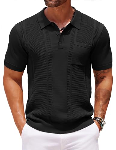 COOFANDY Knit Polo Shirts for Men Short Sleeve Textured Polo Shirt Slim Fit Summer Collared T Shirt with Pocket