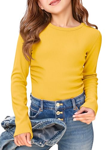 Haloumoning Girls Long Sleeve Shirts Crewneck Ruched Side Slim Fit Tops Ribbed Knit Casual Tee Shirt 4-15 Years Yellow