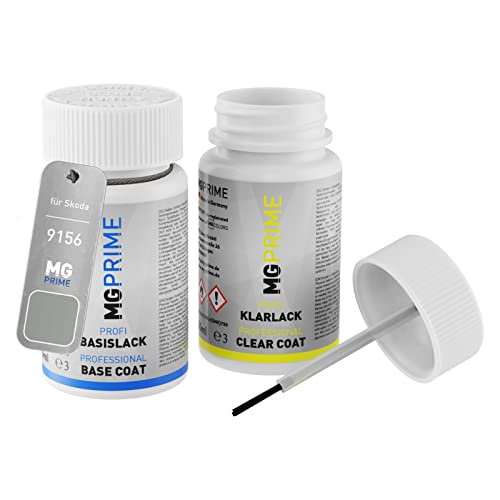 MG PRIME Autolack Lackstift Set für Skoda 9156 / 8E Brilliant Silber Metallic Basislack Klarlack je 50ml