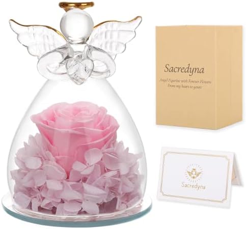 Sacredyna Gifts for Holiday Rose Flower Gifts for Women, Preserved Rose Birthday Gifts for Women Grandma Mom Thanksgiving Day Mom Gifts from Daughter Son White Rose Flower in Glass Angel Figurines