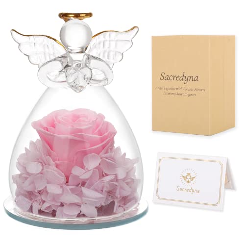 Sacredyna Gifts For Holiday Rose Flower Gifts For Women, Preserved Rose Birthday Gifts For Women Grandma Mom Thanksgiving Day Mom Gifts From Daughter Son White Rose Flower In Glass Angel Figurines #TOP2