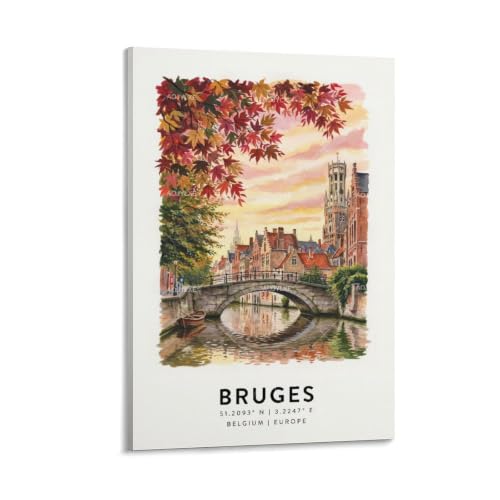 Poster Bruges aquarelle vintage pour créer une décoration de bureau esthétique et chic