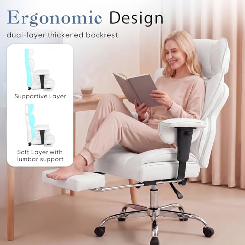 Image of DUMOS Big and Tall Home Office Desk Chair, Ergonomic Executive Chair with Footrest, Computer Gaming Chairs with High Back Reclining, Adjustable Armrests and Comfy Lumbar Support, PU Leather, White