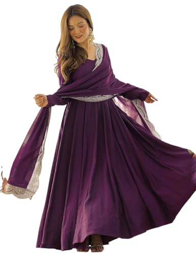 Image of Women Georgette Anarkali Gown with Dupatta Floor Length Dress, Elegant Flared Maxi Dress Full Sleeve Sweetheart Neck Embroidered Long Frock Stylish Ethnic Gown