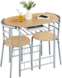 Yaheetech 3 Piece Dining Room Set, Modern Round Dining Table & Chairs Set for 2, Compact Kitchen Table Set with Metal Legs and Shelf, Built-in Wine Rack for Dining room, Living room Natural