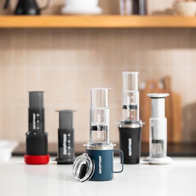 AeroPress Travel Coffee Mug with Handle, Double-Wall Vacuum Insulated Stainless Steel with Splash-Resistant Slider Lid, Compatible for Hot or Cold Drinks, Dishwasher Safe, 12 oz, Blue