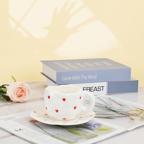 Image of Koythin 10oz Ceramic Mug With Saucer, Small Red Heart Couple Latte Tea Cup
