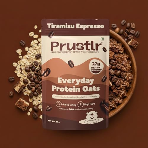 Image of Prustlr Protein Oats - Variety Pack of 5 | 27g Protein per 60g Serve | ChocoRush Brownie, Tiramisu Espresso, Matcha Hazelnut, Coconut Cloud, Kesar Kreme | Use as Overnight Oats or Instant (5 min dip)