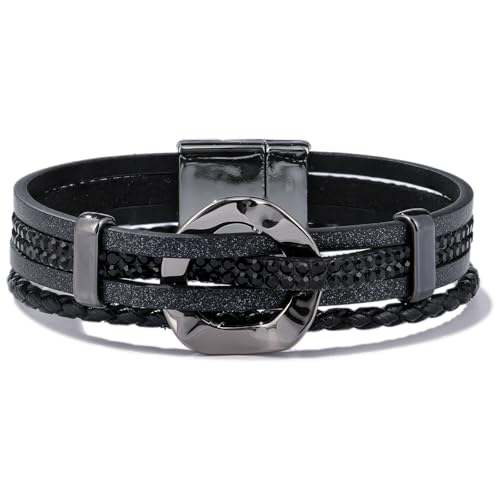 Black Rhinestone Leather Wrap Bracelets Boho Braided Stackable Cuff Bangle