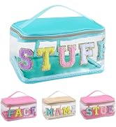 Chenille Glitter Letter Patch Clear Cosmetic Bag - Travel Preppy Makeup Bag with Handle Waterproo...