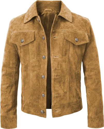 LP-FACON Mens Trucker Suede Leather Jacket - Western Style Cowboy Leather Jacket Brown/Black