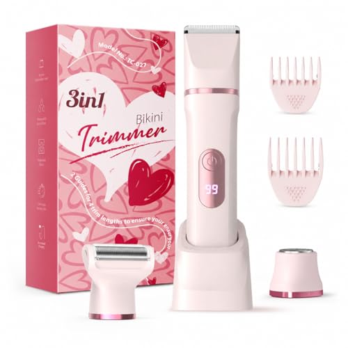 Rasierer Damen 3-in-1 Intimrasierer für Frauen für Körper & Bikinizone Trimmer Gesichtshaarentferner für Frauen Damenrasierer elektrisch IPX7 USB-Ladestation Trimmer Damen intimbereich Rosa