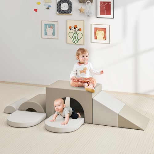 Olakids Toddler Climbing Toys Indoor, 8 Pieces Baby Foam Blocks Soft Play Set with PU Leather, Kids Climb Crawling Activity Gym Playground for 1+ Years (Gray)