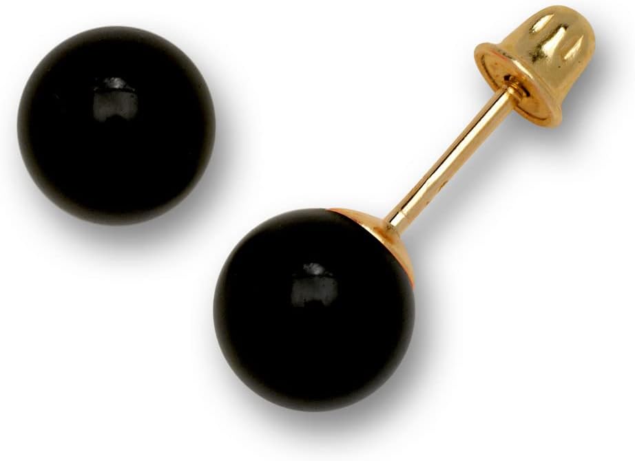 Jewelryweb Solid 14K Yellow Gold Simulated Black Onyx Ball Stud Screw-back Earrings (6 sizes)