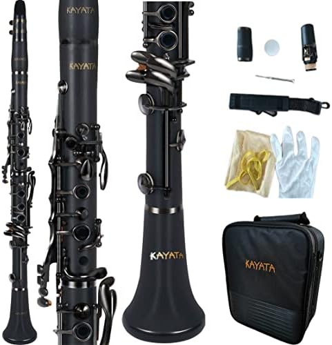 KAYATA B Flat Clarinet with Black Ebonite Body, New Black Nickel Plated Keys Adjustable Thumb Rest with Unique Thinner Black Rings. Deluxe Clarinet Canvas Case