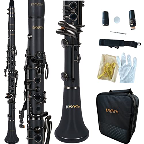 Kayata B Flat Clarinet With Black Ebonite Body, New Black Nickel Plated Keys Adjustable Thumb Rest With Unique Thinner Black Rings. Deluxe Clarinet Canvas Case #TOP17