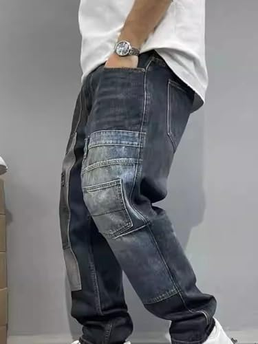 Men’S Streetwear Patchwork Straight Leg Cotton Jeans Slim Fit Multi Pocket Button Fly Midweight Distressed Skater Pants3