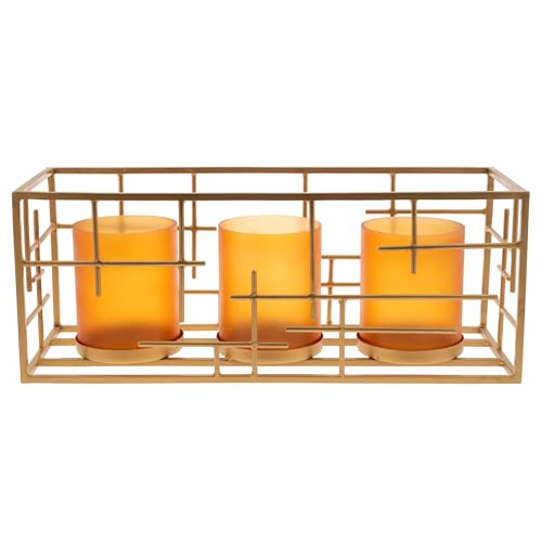 Karma, Modern Candle Holder Centerpiece with Gold Wire Rectangular Frame and Gold Bases for 3 Pillar or Tealight Candles - Amber by Karma - Used condition - US$22.69