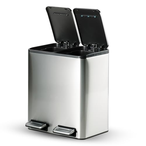 Image of TRAMONTINA 2-in-1 Dual Compartment Dustbin 16L (8L+8L) | Stainless Steel Wet & Dry Trash Can | Soft-Close | Removable Inner Buckets | Anti-Fingerprint | Rectangle Bin