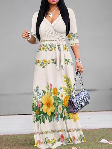Image of PinkPatty Plus Size Dresses for Curvy Women V Neck Flowy Long Sleeves Wrap Maxi Dress Travel Vacation Outfits